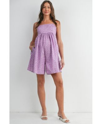 Maternity Floral Square-Neck Adjustable Strap Romper with Pockets