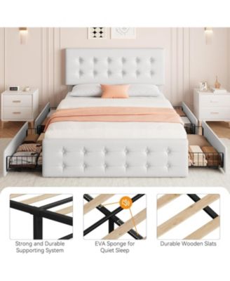 Full Bed Frame With 4 Drawers Faux Leather Upholstered Headboard Button Design Wood Slats No Box Spring