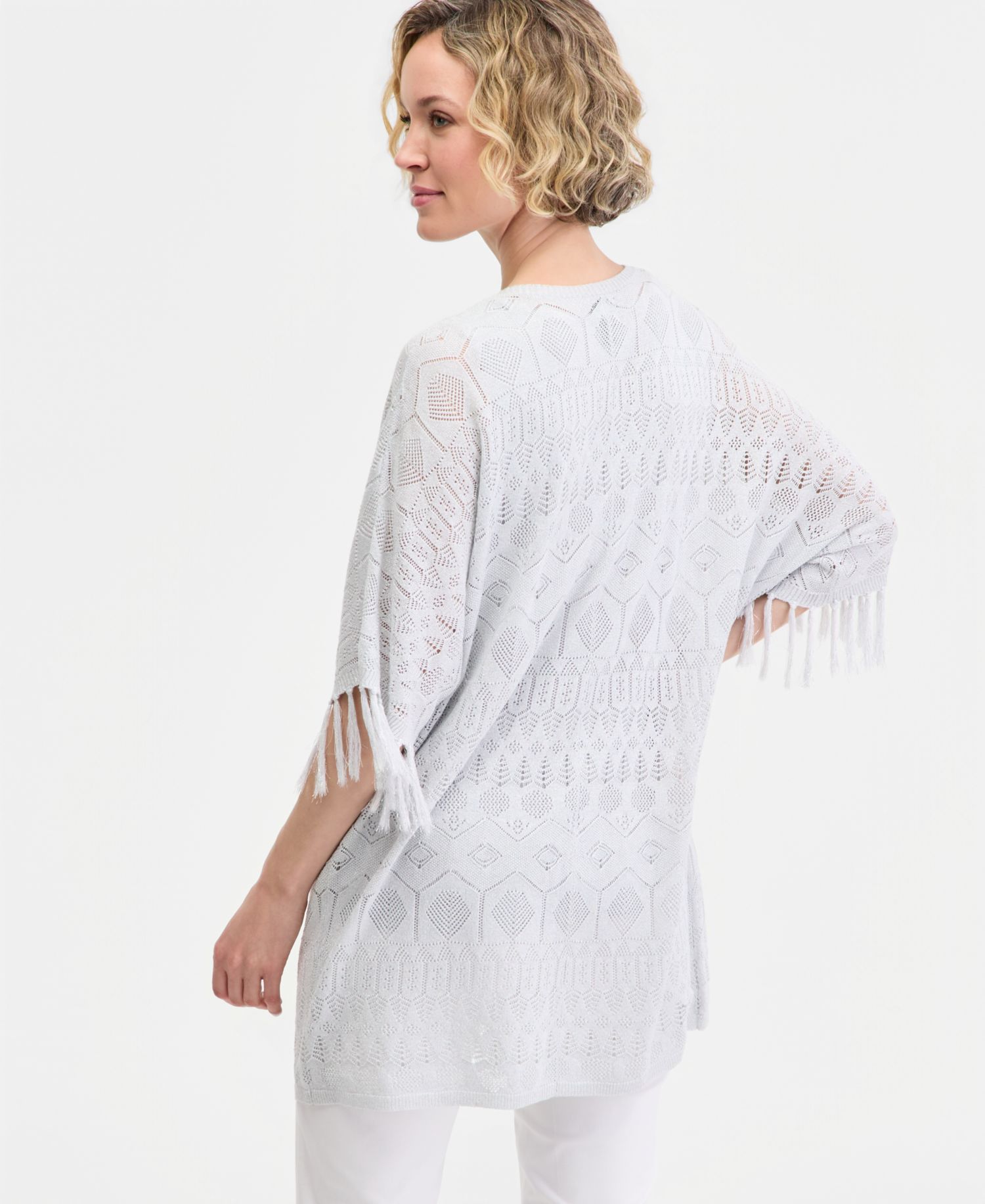 Women's Metallic Fringe Pointelle Cardigan