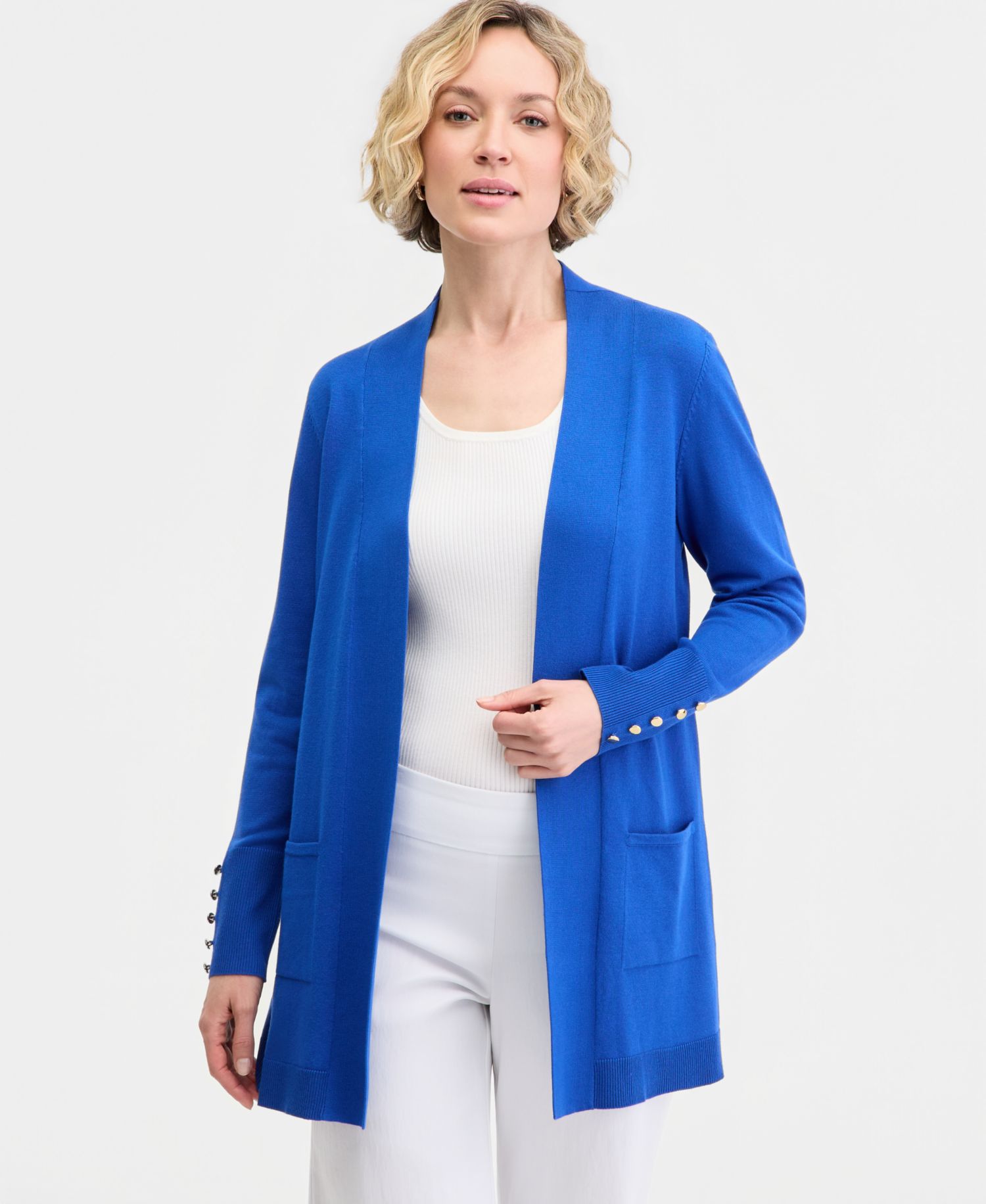 Petite Open-Front Button-Cuff Cardigan Sweater
