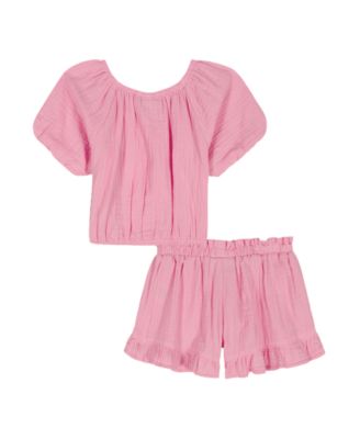 Girls' 2T-6X Puff-Sleeve Solid Top and Shorts, 2-Piece Set