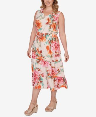 Plus Size Drawstring Waist Floral Linen Tiered Dress
