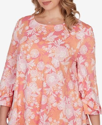 Plus Size Floral Puff Print Ruffle Knit Top