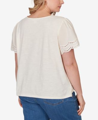 Plus Size Eyelet Poplin-Sleeve Slub Knit Top