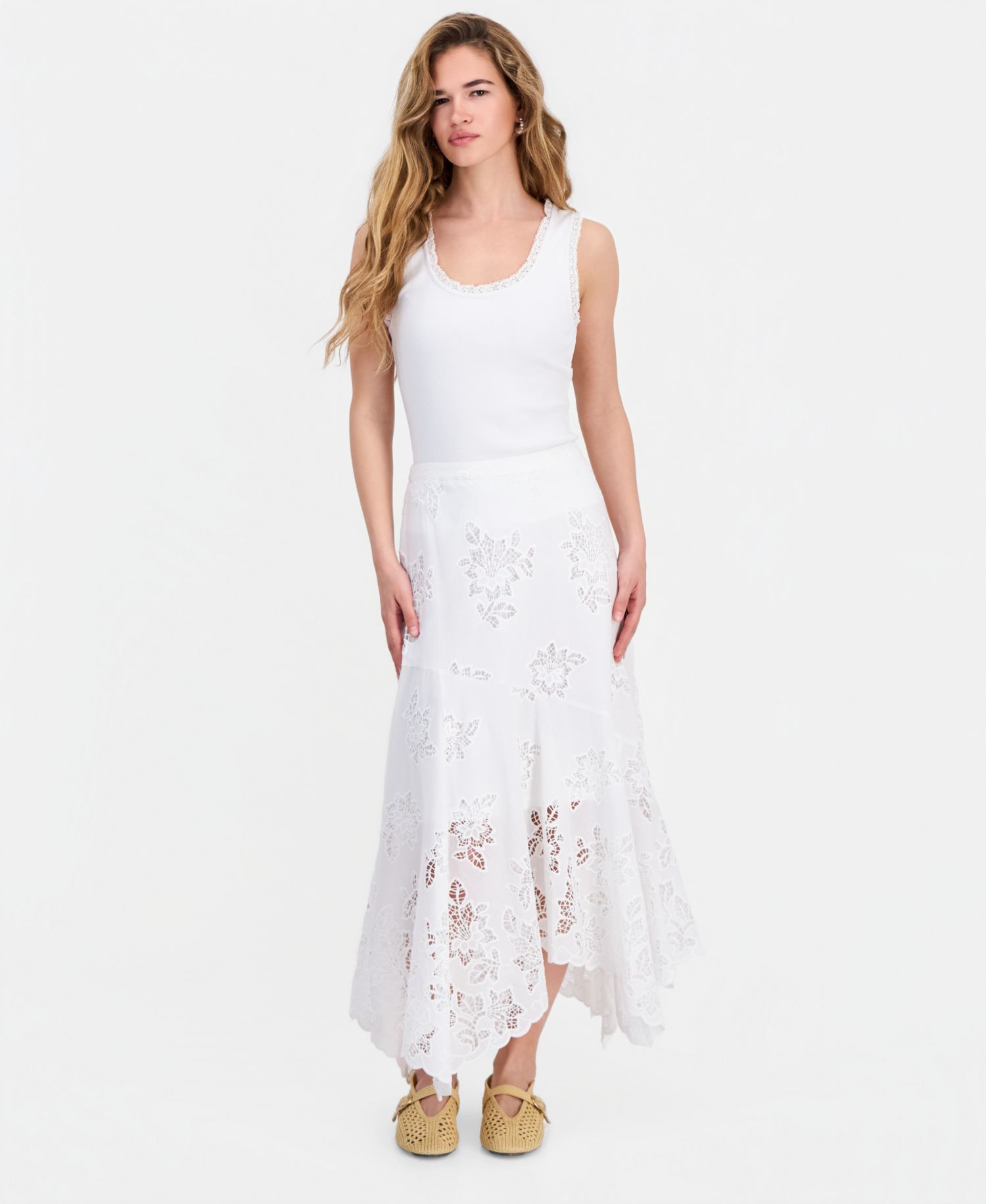 Petite Asymmetric Floral Cutwork Pull-On Skirt