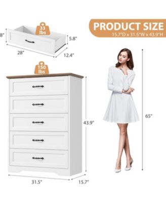 Farmhouse 5 Drawers Dresser for Bedroom, 44'' Tall Chest of Drawer, Wooden Vertical Dresser with Metal Handles and Stable Base
