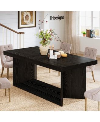 Dining Table for 4-6, Farmhouse Kitchen Table with Heavy Duty Pedestal, Rectangular Wooden Dinner Furniture, Black