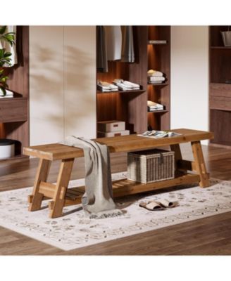 63" Solid Wood Bench, 2-Tier Shoe Rack, Farmhouse Entryway Bench with Storage Shelf, Kitchen Dining Bench