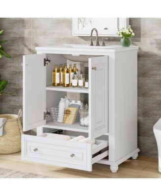 24" Modern Freestanding Solid Wood Bathroom Vanity with Ceramic Sink, Adjustable Shelf Storage, Soft-Close Cabinet & Drawer