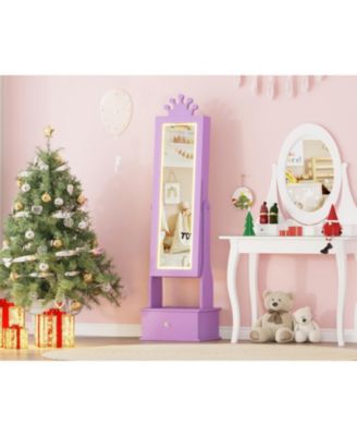 Kids Jewelry Armoire with Full-Length Mirror and LED Light, Child Jewelry Cabinet with 3 Storage Drawers