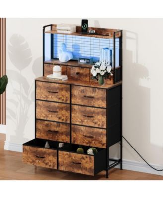 Rustic Dresser for Bedroom with Charging Station, App-Controlled RGB LED, Tall Dresser Storage Organizer with 11 Fabric Drawers