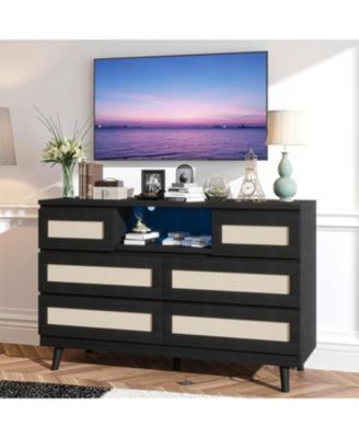 6-Drawer Rattan Dresser with LED & Charging Ports, Farmhouse