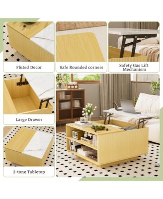 Lift Top Coffee Table with Storage - Fluted Wood Square Center Table with Open Storage, for Living Room, Home Office