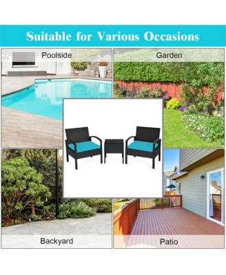 3PCS Patio Rattan Furniture Set Coffee Table and Chairs Set with Seat Cushions Garden