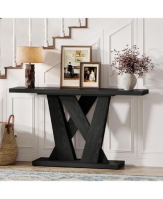 55-Inch Farmhouse Console Table, Entryway Table with Geometric Base, Narrow Sofa Table Rustic Wood Hallway Table