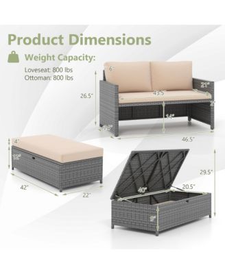 2 PCS Patio Loveseat w/ 31 Gal Multifunctional Storage Ottoman and Soft Cushions