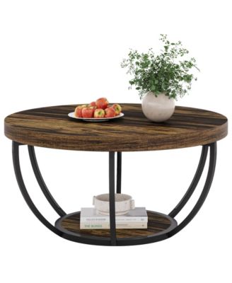 Round Coffee Table, Industrial 2-Tier Circle Coffee Table with Storage Shelves for Living Room, Home Office