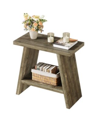 Solid Wood End Table for Living Room, Narrow Small Side Table with 2-Tier Storage