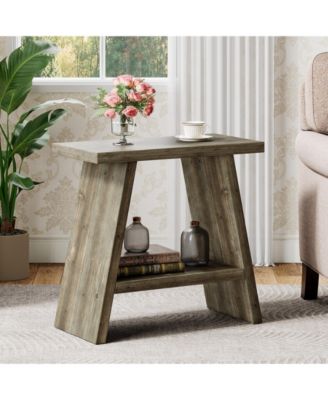 Solid Wood End Table for Living Room Set of 2, Narrow Small Side Table with 2-Tier Storage