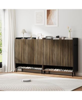 Large Shoe Cabinet with Doors，6-Tier Shoe Organizer with 3 Doors & Additional Hooks for Hallway, Entryway, Living Room