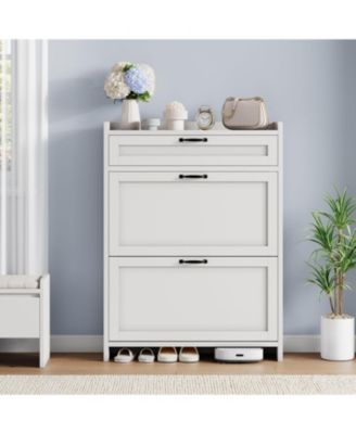 Shoe Cabinet with 2 Flip Drawers & 1 Top Drawer, High-Gloss Painted Wood Shoe Organizer with Adjustable Shelves