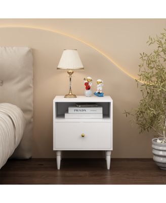 Modern Nightstand - Compact Bedside Table with Drawer, Open Shelf,  Knob and Solid Wood Legs for Bedroom, Living Room