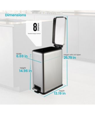 8 Gallon Slim Stainless Steel Kitchen Trash Can with Reeded Pattern, Step Pedal and Soft-Close Lid