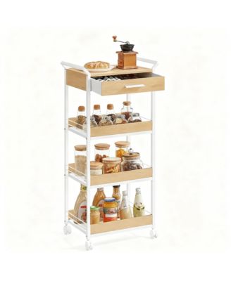 4-Tier Rolling Storage Cart with Top Board, Drawer, Mesh Shelves, Lockable Casters