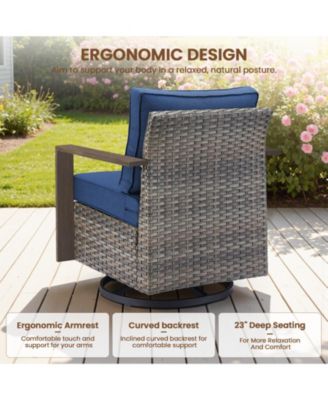 5 Pieces Patio Furniture Set, Rattan Wicker Outdoor, 4 Rattan Swivel Chairs w/30in Propane Fire Pit Table and Thickened Cushions