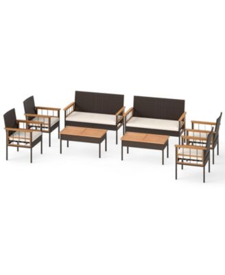 Set of 8 Wicker Furniture Set w/Acacia Wood Tabletop Armrests Cushions for Backyard