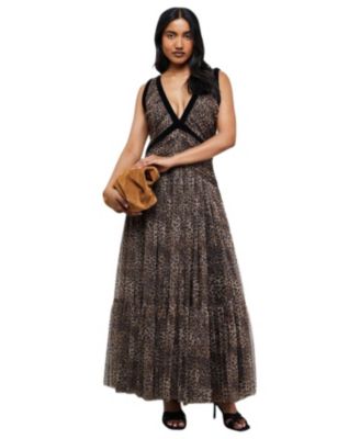 Women's Velvet Trim Leopard Tulle Maxi Dress