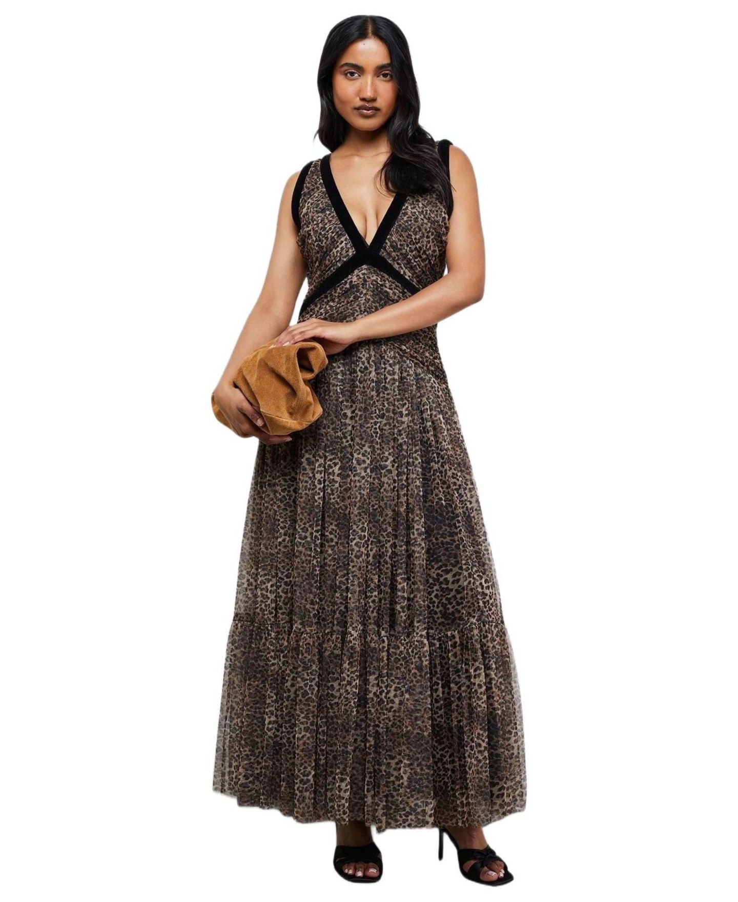 Женское платье Warehouse Velvet Trim Leopard Tulle Maxi, цвет: Анималистичный — фото 1