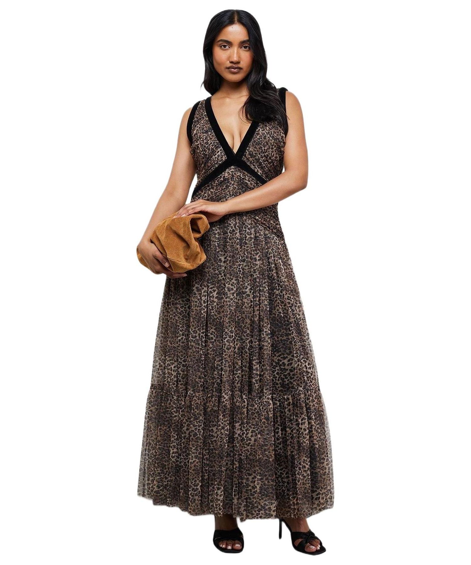 Women's Velvet Trim Leopard Tulle Maxi Dress