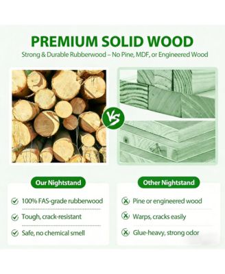 Solid Wood Nightstand - Curved Modern Bedside Table with Charger Station, 2 Drawers and Shelves for Bedroom, Living room