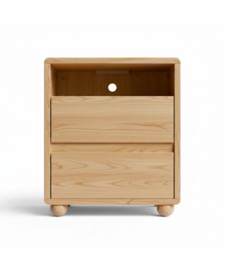 Solid Wood Nightstand - Curved Modern Bedside Table with Charger Station, 2 Drawers and Shelves for Bedroom, Living room