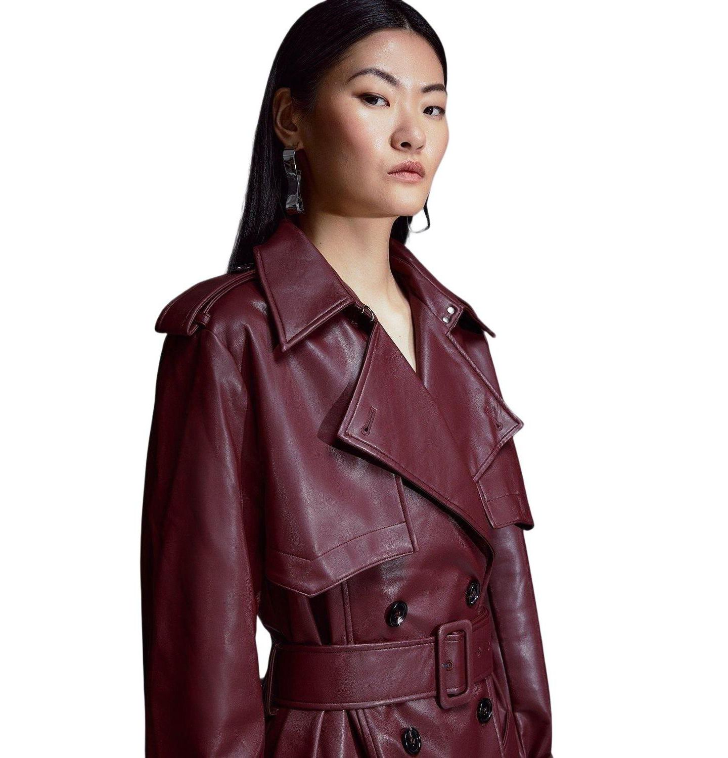 Женское пальто Karen Millen Tailored Faux Leather Belted Trench, цвет: Тёмно-бордовый — фото 28