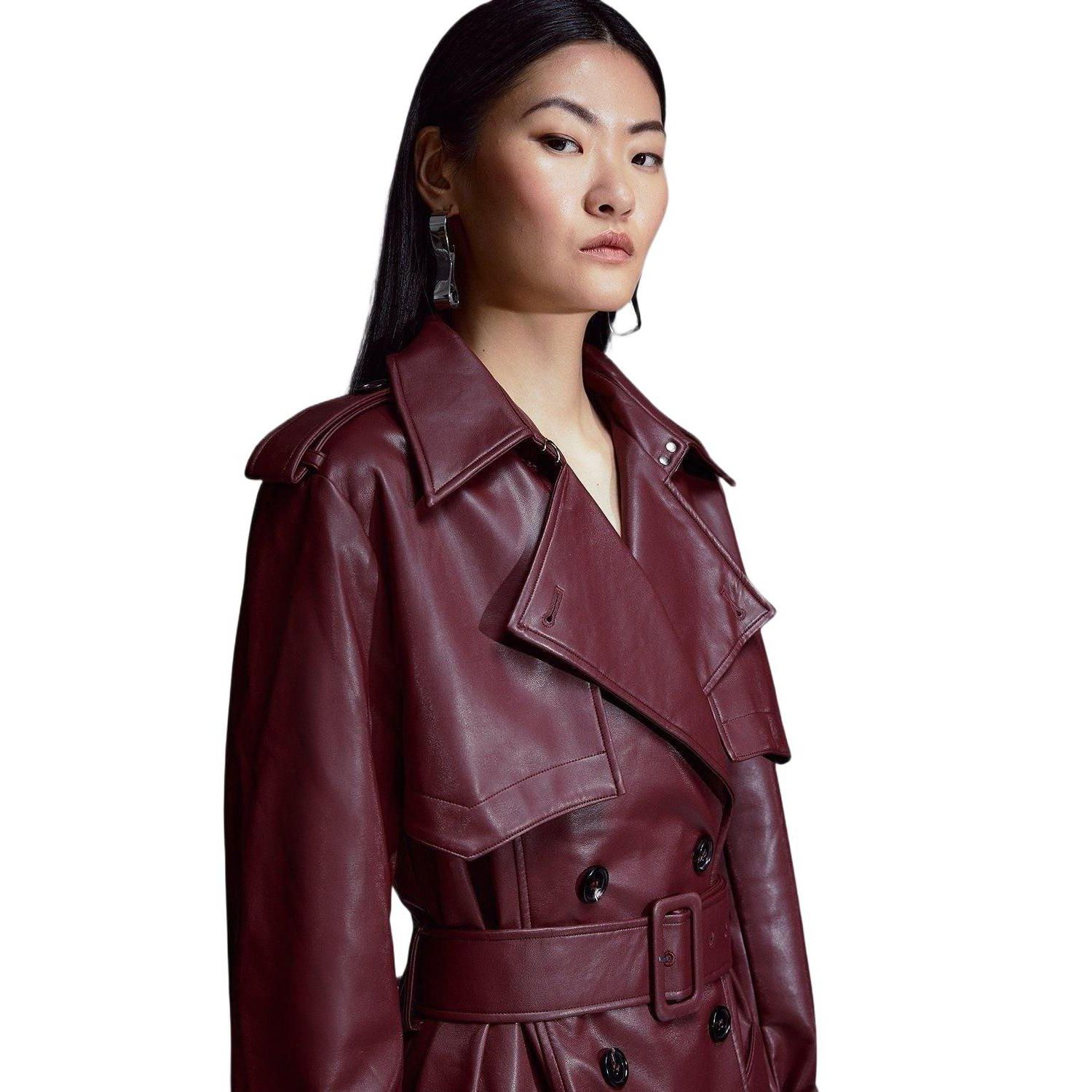 Women's Tailored Faux Leather Belted Trench Coat