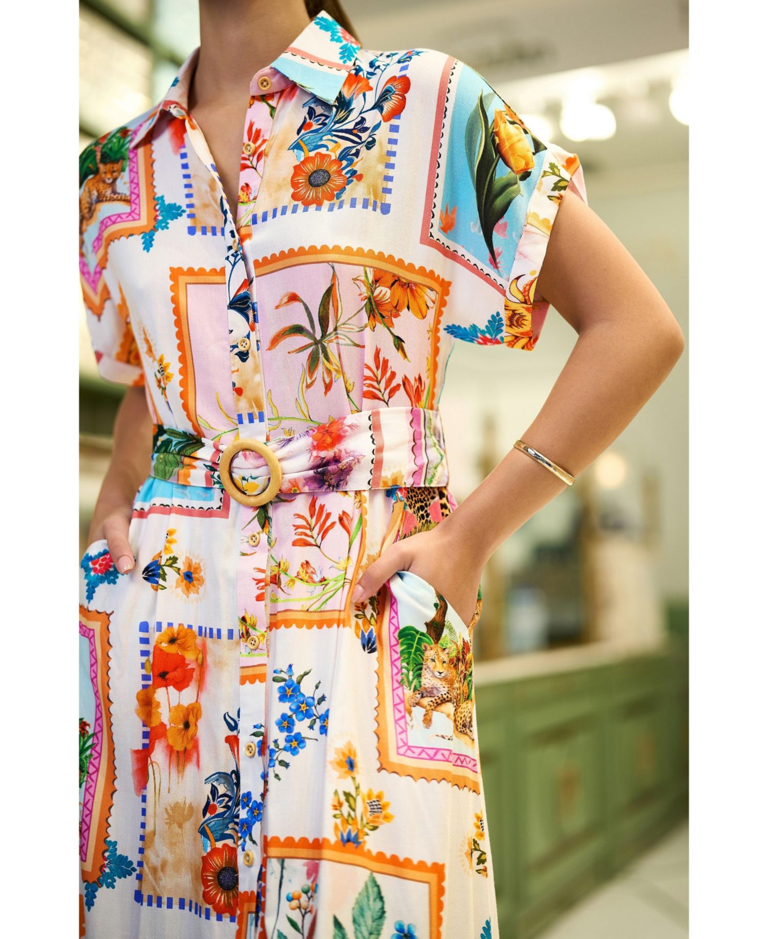 Women's Tropical Postcard Print Midi Shirt Dress