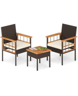 Set of 3 Wicker Furniture Set w/Acacia Wood Tabletop Armrests Cushions for Backyard