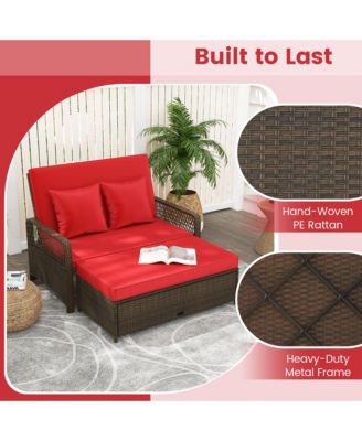 Patio Rattan Daybed Wicker Loveseat Sofa w/ Multifunctional Ottoman