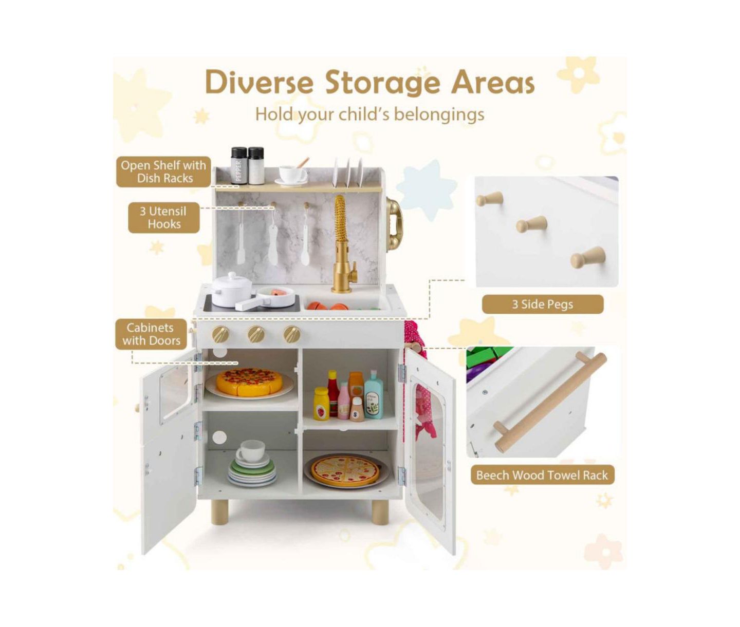 Детские игрушки HONGGE Kids Kitchen Set Pretend Play Kitchen with Stoves Faucet Sink Telephone Microwave and Oven, цвет: Белый — фото 7