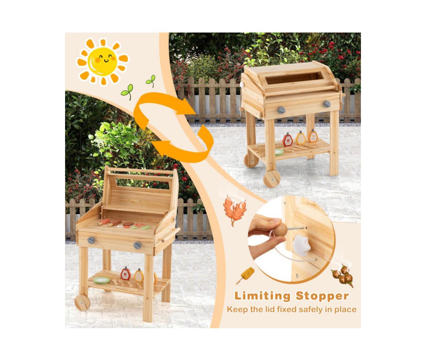 Детские игрушки HONGGE Wooden Barbecue Grill Playset with Wheels, 25-Piece Set, Ages 3+, цвет: Натуральный — фото 5