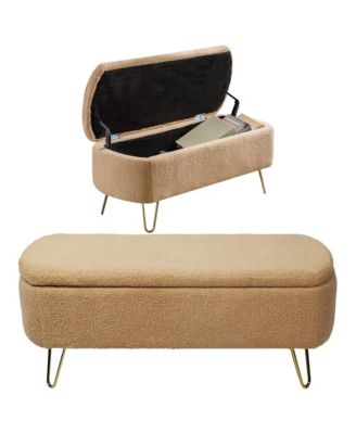 Modern Storage Ottoman Bench - Oval Faux Fur Entryway Bench, End of Bed Bench with Gold Legs for Living Room, Bedroom