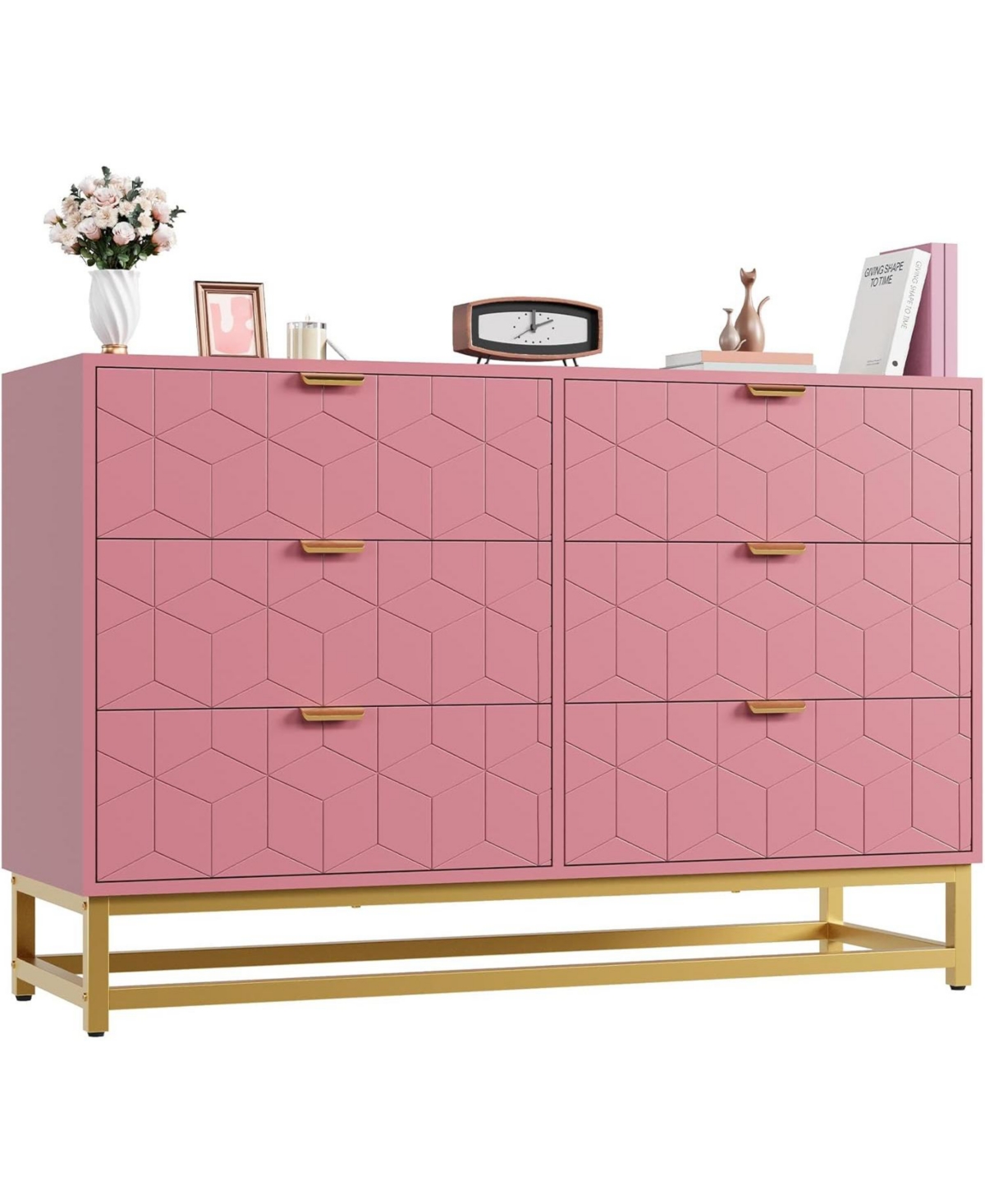 gaomon 6 Drawer Dresser with Wide Storage, Modern Wood Chest Organizer with Metal Legs for Bedroom or Hallway - Pink