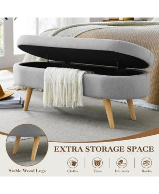 Oval Storage Ottoman Bench - Upholstered End of Bed Bench with Safety Hinge Flip Top and Solid Wood Legs for Bedroom