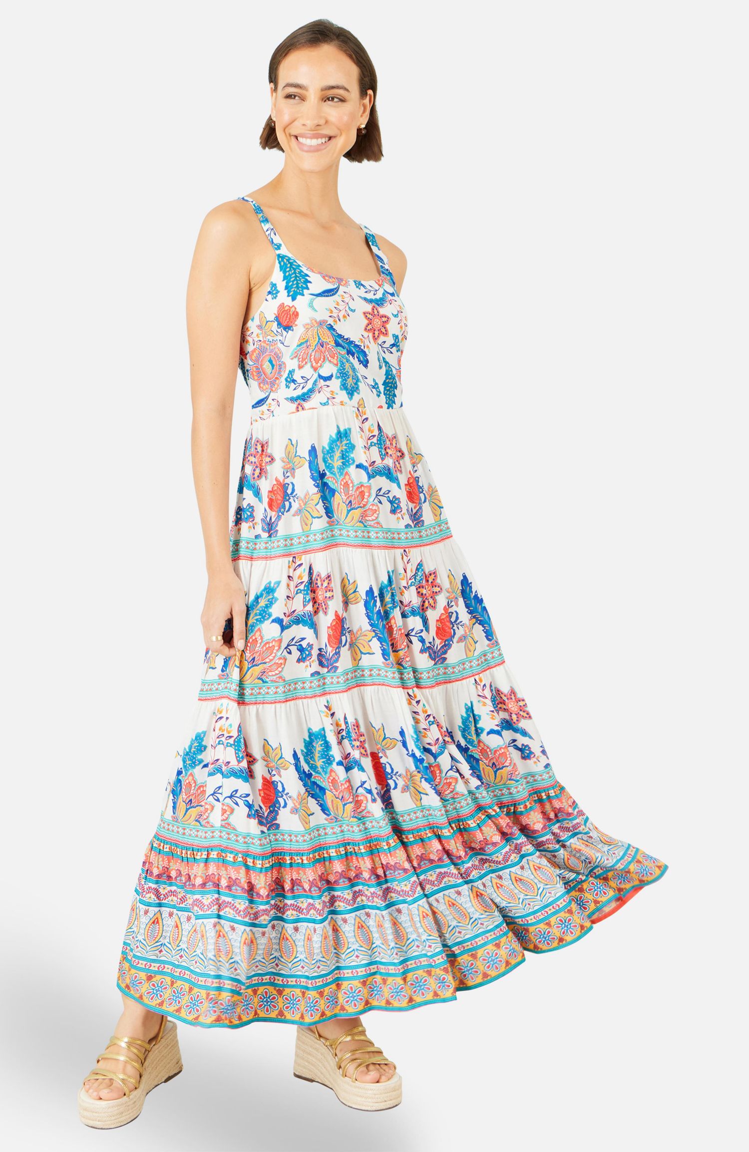 Women's Floral Block Print Tiered Maxi Sun Dress