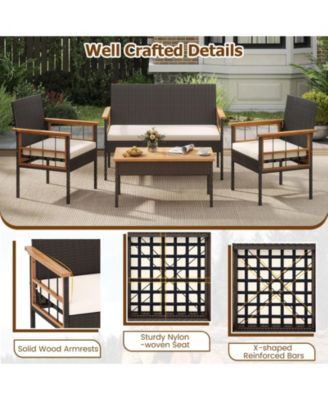 Set of 4 Wicker Furniture Set w/Acacia Wood Tabletop Armrests Cushions for Backyard