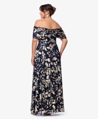 Plus Size Printed Off-The-Shoulder Ball Gown