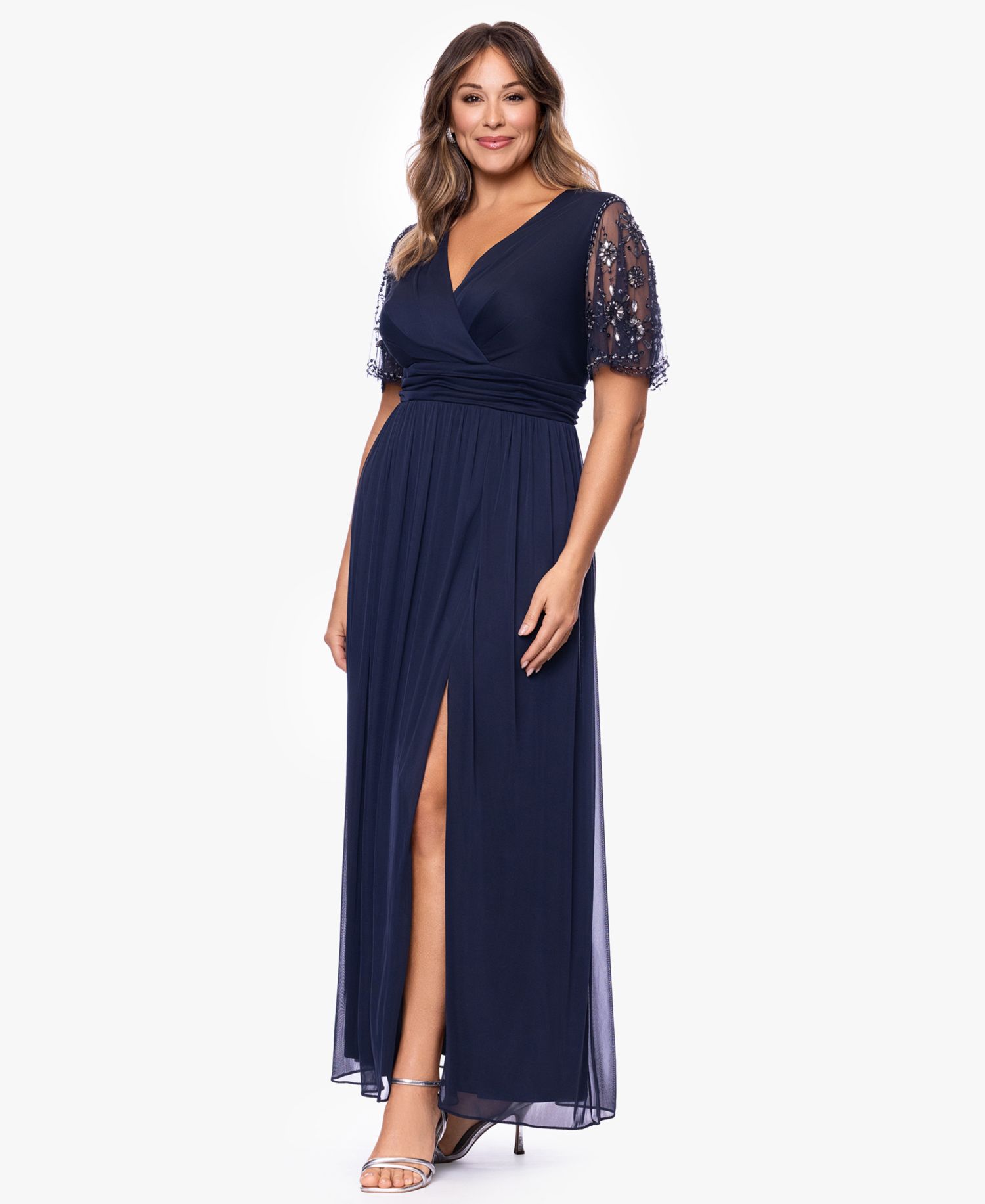 Plus Size Beaded Sleeve Slit Gown