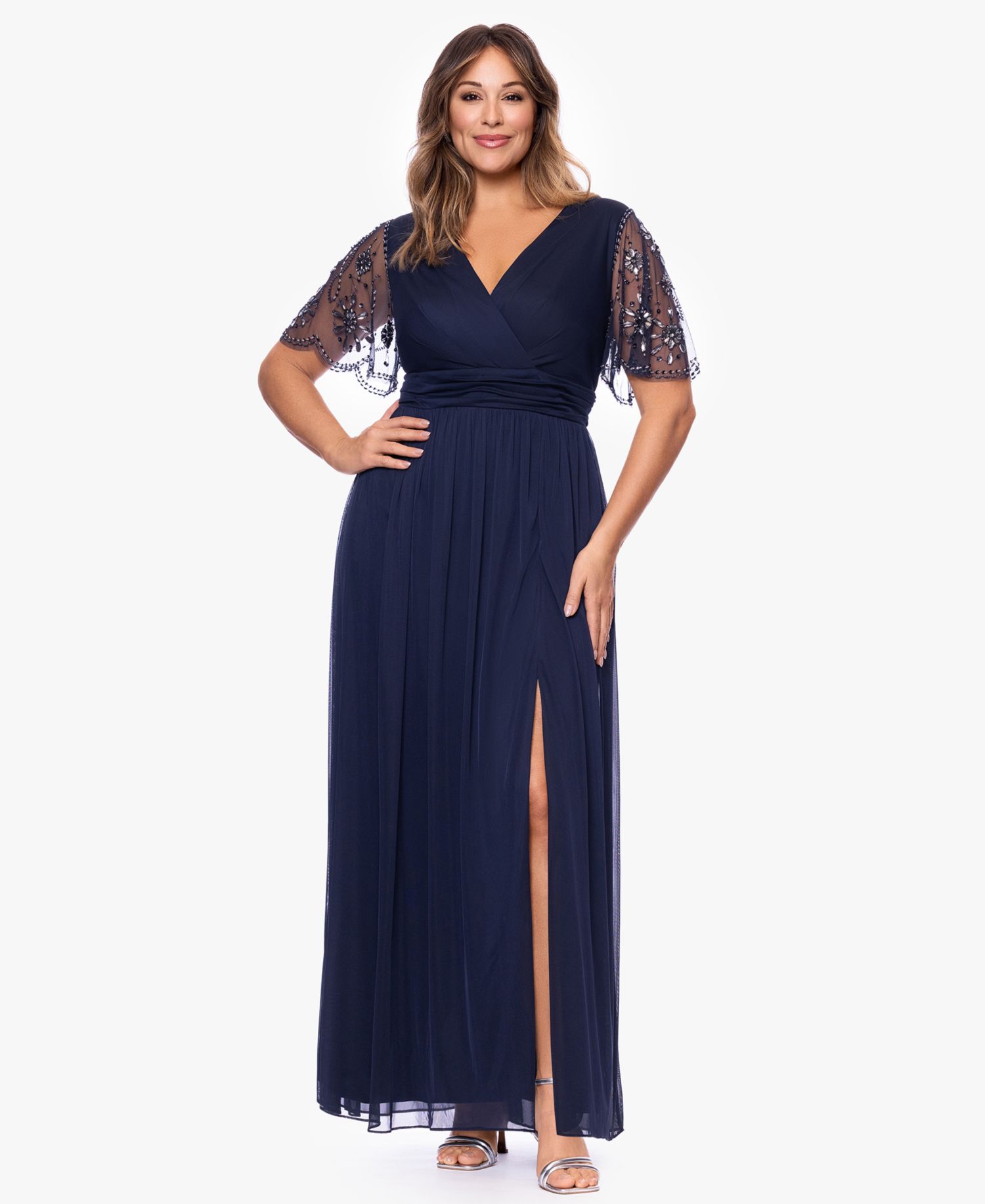 Plus Size Beaded Sleeve Slit Gown